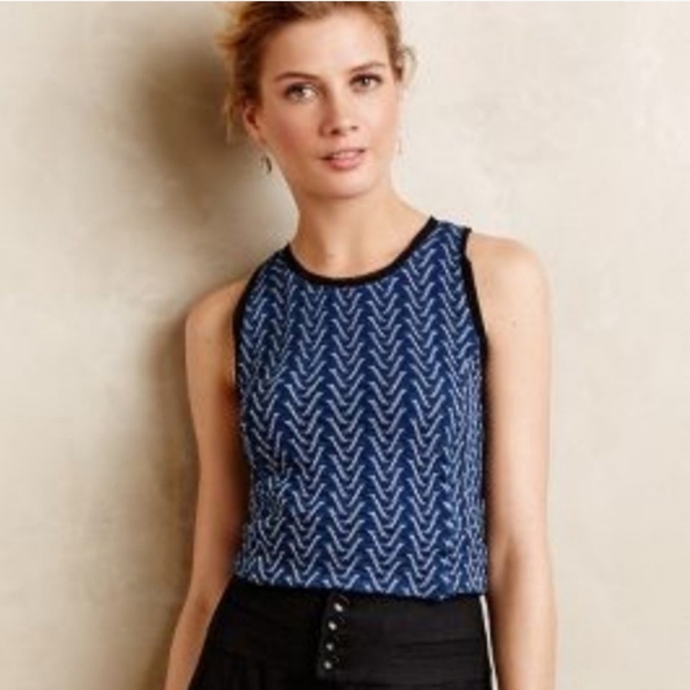 Anthropologie Navy Blue Patterned Cropped Tank Top
